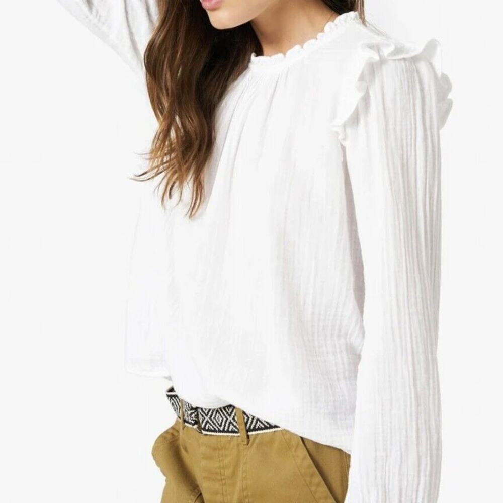 Xirena Lanie Top White Cotton Gauze Long Sleeve Ruffle Shoulder Blouse, Size XS